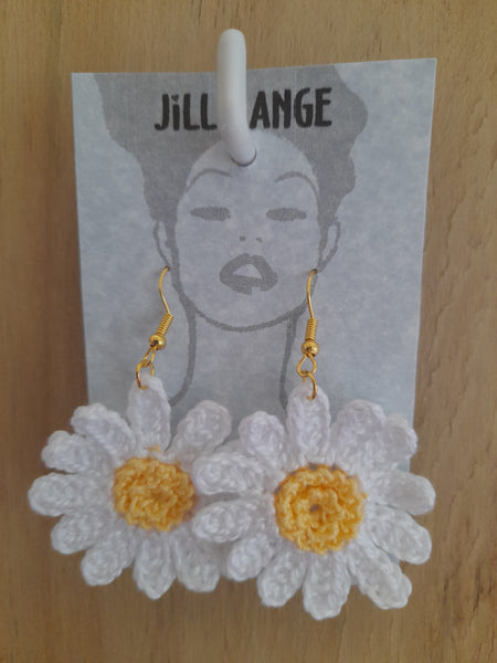 White Cosmos Crochet Earrings